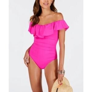 La Blanca Island Goddess Ruffle Off-Shoulder One Piece Swimsuit Hot Pink 6